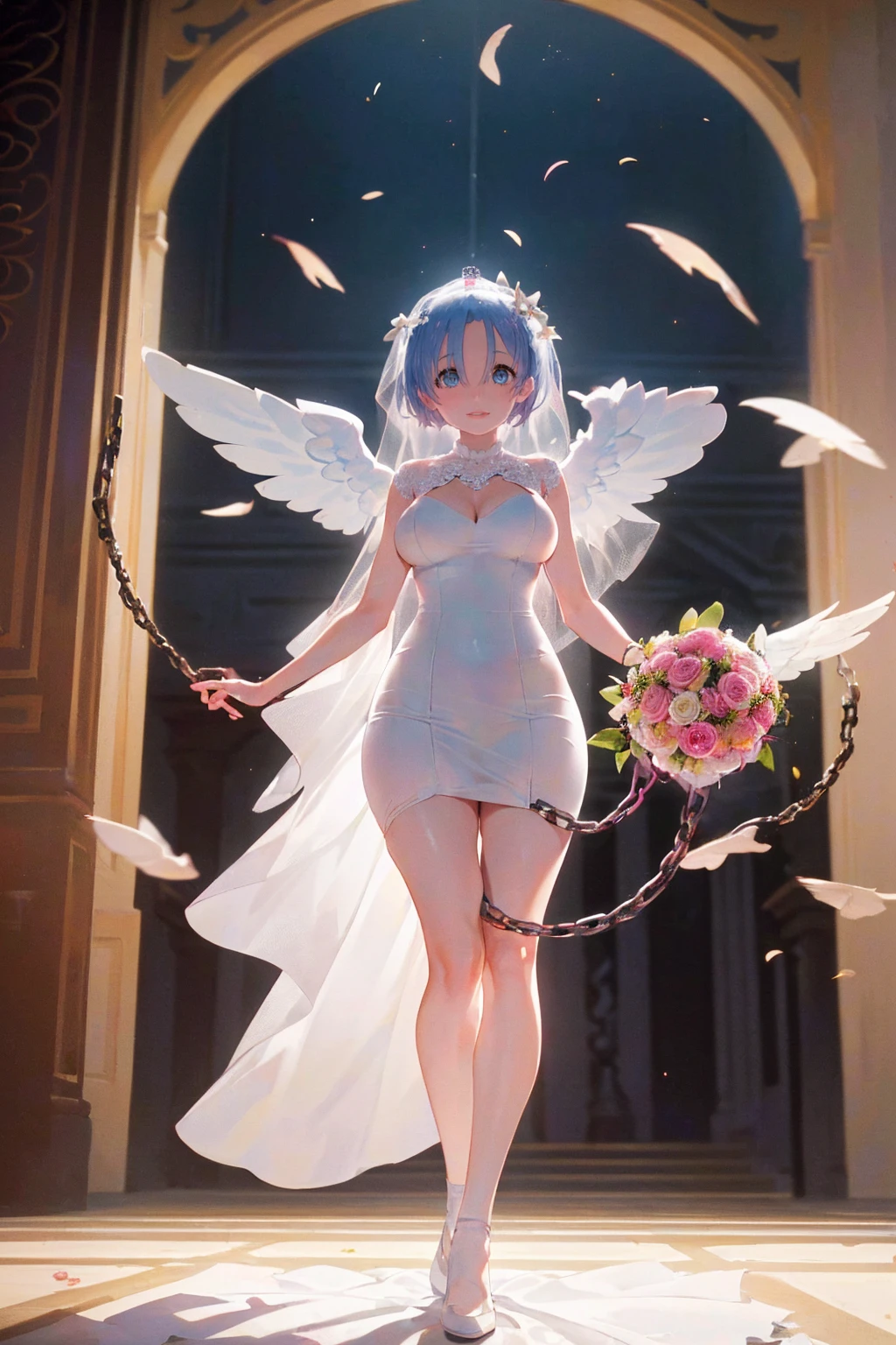 Fantasy World、Take Off、fly in the sky、(((((Huge angel wings flapping))))),(((((Clothes are torn and breasts are visible))))),(((Body bound in chains))),Short Hairstyles、Full moon night、Cherry Blossoms at Night、((((wedding)))),bride、((Church stained glass))、((Long skirt))、pipe organ、((Reaching out))、((((Throwing bouquets))))、(((((((Pure white wedding dress)))))))、(((((Wedding dress ripped to shreds))))),(((((Fisheye Lens)))))、((Super huge breasts))、(((Plump thighs)))、(((Rem from Re:Zero)))、looking at the camera、High qualityHigh quality、8k、(((((Full body description)))))、Chest、Fantastic、looking at the cameraで、(((Cherry blossoms fluttering down)))、Red carpet、Very tall、((Torn knee-high socks))