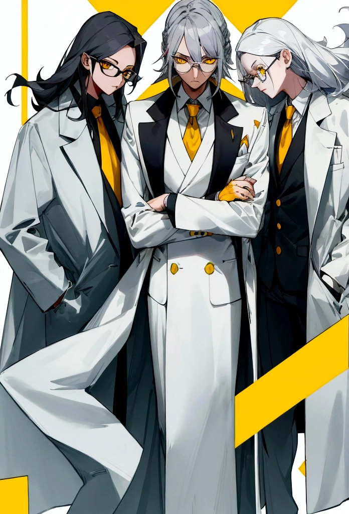 The teacher wears glasses, has gray hair, yellow eyes, wears a suit and wears three kiefs on the right side. long white coat scientist
