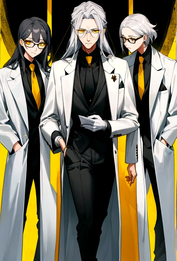 The teacher wears glasses, has gray hair, yellow eyes, wears a suit and wears three kiefs on the right side. long white coat scientist
