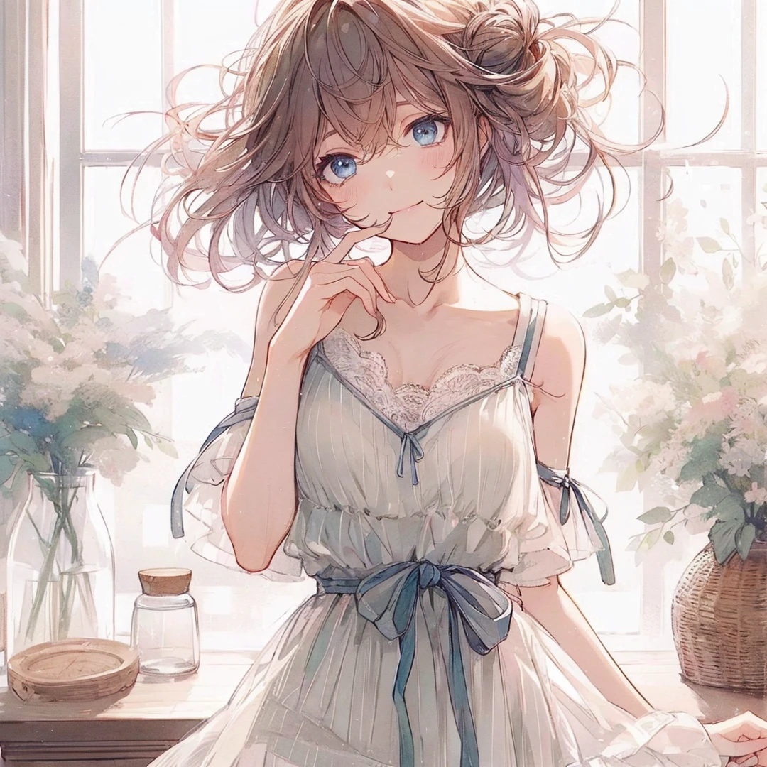 Official art using high-quality hand-drawn watercolor sketch techniques. (best quality,4k,8k,highres,masterpiece:1.2),ultra-detailed,beautiful detailed eyes,A girl with beautiful eyes, everyone, beautiful anime girl, cute anime girl, smooth anime art, anime style, elegant colors, soft lighting, delicate beautiful wet eyes, very coquettish, (beautiful large breast:1.2), (correct hands:1.2),