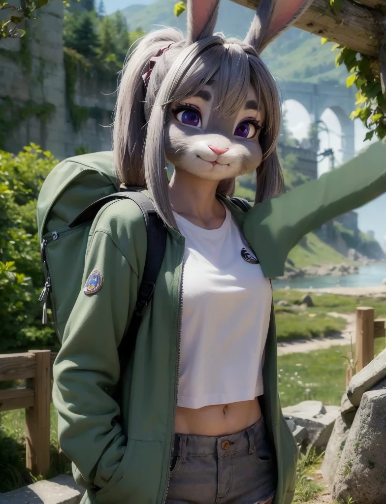 Highest quality,
masterpiece,
Ultra-realistic,
Super detailed,
Beautiful details,
4K，8K，upper,
pixar,
Photo realistic,
Medium Shot,
Background is ((Magnificent mountain)),
Realistic lighting,
hiking woman, 

((Anthropomorphic rabbit)),
Detailed animals,
Complex patterns,
(Furry:1.35),
(All skin is grey:1.3),
(The body is fluffy and bushy:1.3),
Realistic fur,

Human hand,

(Judy Hopps face:1.35),
((ponytail hair)),
((side part bangs)), bangs,
((dark gray hair color)),
Purple eyes,
{Eye highlights, Clear eyes, Eyes sparkling, Large, round pupils},
Detailed Iris, 
(Eyebrows raised:1.2),
(Crescent eyebrows:1.3),
(Bunny ears:1.3),
Smiling happily,
raised corners of mouth,

The woman is wearing T-shirt over the check shirt and shorts,
((White T-shirt)) BREAK ((gingham check shirt)) BREAK ((wine red Trekking Shorts)),
carry a backpack, rucksack,

(alone:1.5),
(1 Female:1.5),
Only 1 character,
Perfect Anatomy,

Lighting forward,
Lighting front,
sunlight, 
Intricate details, 
Ray Tracing, 
Realistic, 