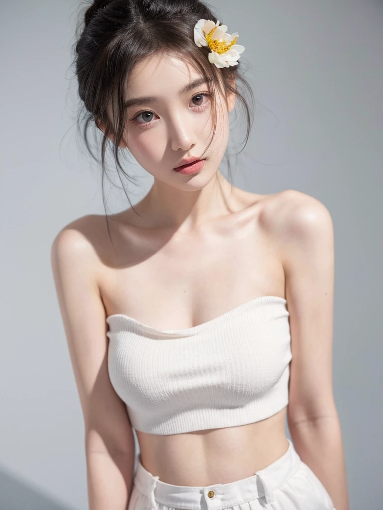 masterpiece,Best picture quality,Extreme details,Ultra-high resolution,Ultra-high definition,Beautiful young people,Glowing skin,thin,Black Hair,Half bun,1,big eyes,beautiful eyes,Lipstick,Exquisite facial features,Medium shot,Looking at the viewer, Tube Top Suspenders,Single tone background,White background,Soft light,Wear flowers on your head