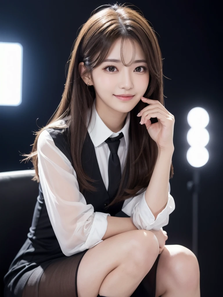 (RAW Photos), (Realistic), (masterpiece), (Highest quality), High resolution, 8K, (Intricate details), (Volumetric Light), Portraiture, woman, Age 35, Medium Hair, Straight hair, Medium Chest, Layered Hair, Brown Hair, Very beautiful eyes, Source order, Very thin eyebrows, Very fine skin, Very beautiful mouth, Very nice nose, Cute like an idol, smile, (Thick lips), (Looking at the audience), (See-through black collared dress shirt), Above the knee shot、Black background