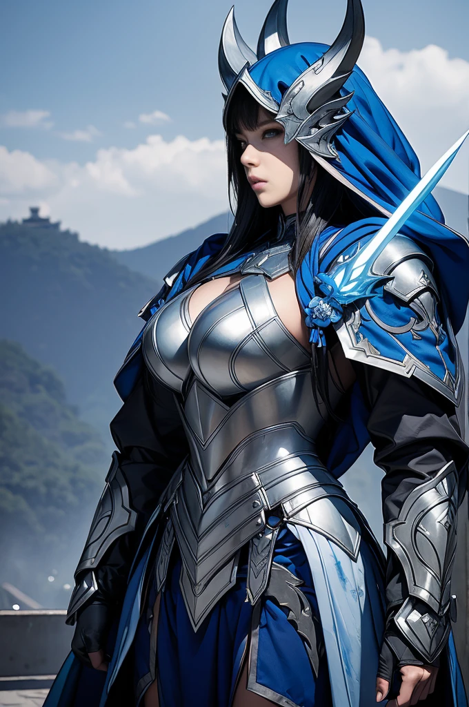 (female ghost tender)、devil mask、super beauty、blue armor solo adult devil woman、Like my whole body、Big chest muscles and macho look,split abs,(Armed with a long and large spear)、Super sexy mature big female monster。strong chin(realistic)、Standing looking straight ahead、blue devil armor、A magnificent work of art、((Kyoto panel painting style))、wind effect:1.9、Cloud effect:1.2、full rendering、ominous picture、Unreal Engine、Advanced armor patterns and decorations,surrealism,Armor Details,Super high resolution,tempting,Entice your audience,seductive pose,