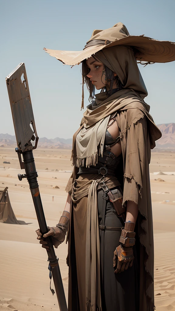 A nomadic robot, in the desert, wearing a scrappy shawl, holding a staff, wearing a large metal hat, scrappy body, rusted, dusty, thin frame, tall