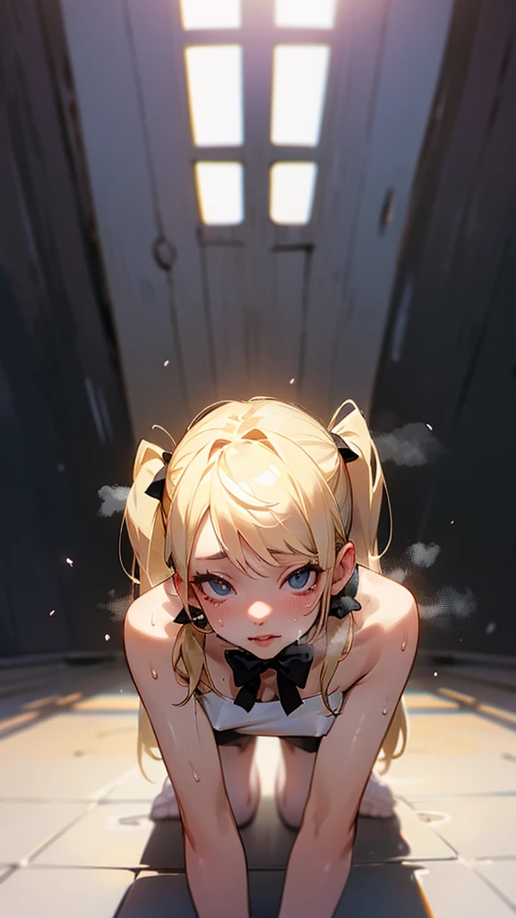 nsfw,(Petite),(boy),blonde low twintails,lips,Bunny girl,On all fours,Front pose,Sweat,White Breath,Viewers from the front