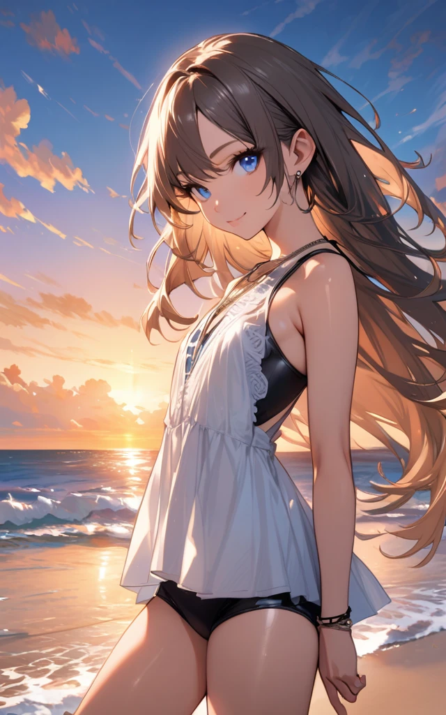 (masterpiece)、(absurdres)、(ultra detailed)、solo lady、dark blonde hair:1.2,(straight long hair)、BREAK、(shiny blue eyes:1.0)、BREAK、(athletic)、[flat chest]、(pendant:0.9)、(pierce:0.8)、(bracelet:0.7)、(ショートパンツと黒いビキニ),cowboy shot,side view,sunset,beach,ビューアーに向かって手を振る、smile,closed mouth,