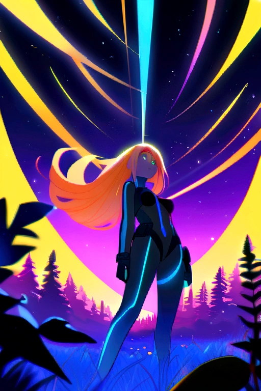 A girl with orange hair, with blue cyberpunk outfit, in a colorful meadow, at night