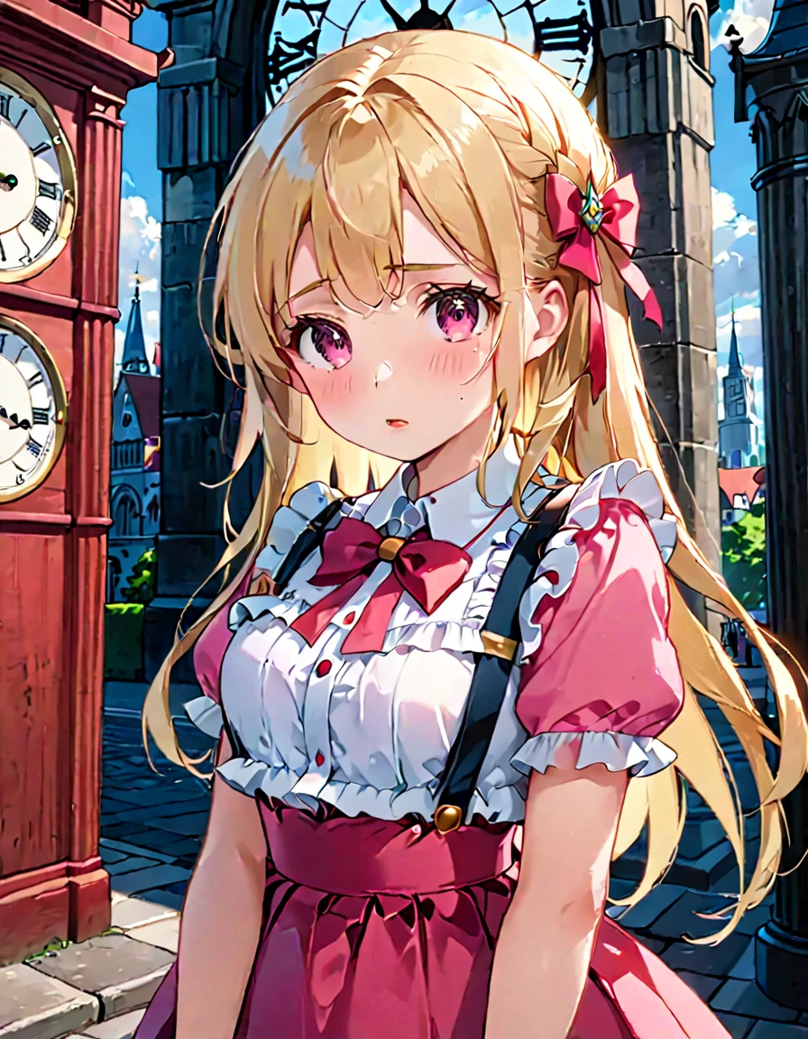 (8K, best quality, master piece: 1.2), super high resolution,1 girl,solo,16yo,ultra-detailed face,detailed eyes,blonde,two side up,red eyes,blunt bangs,((pout)),tearful,blush,white fasciator,short sleeves frilled pink blouse,blachk suspender skirt,upper body,Standing in front of the clock tower,rim light,Park