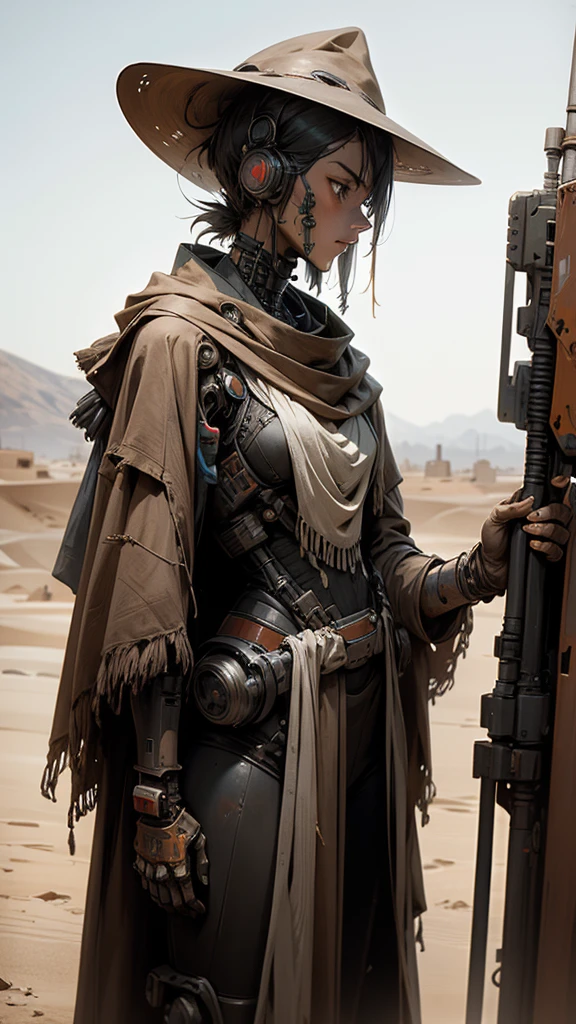 A nomadic robot, in the desert, wearing a scrappy shawl, holding a staff, wearing a large metal hat, scrappy body, rusted, dusty, thin frame, tall, cyberpunk, Cyborg.,