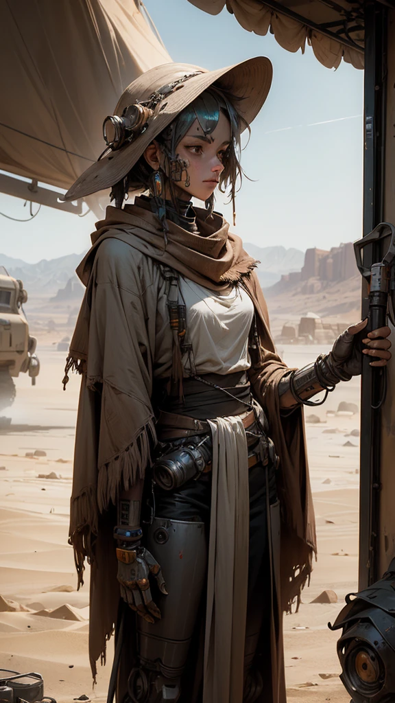 A nomadic robot, in the desert, wearing a scrappy shawl, holding a staff, wearing a large metal hat, scrappy body, rusted, dusty, thin frame, tall, cyberpunk, Cyborg.,