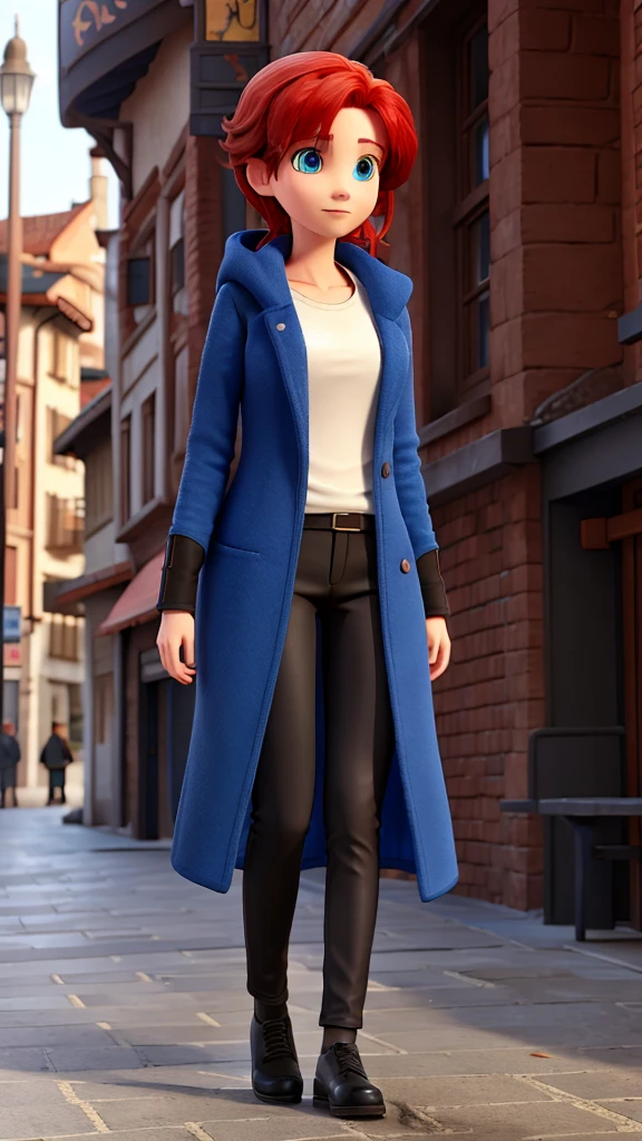 One with red hair and blue eyes, Roza coat and black pants