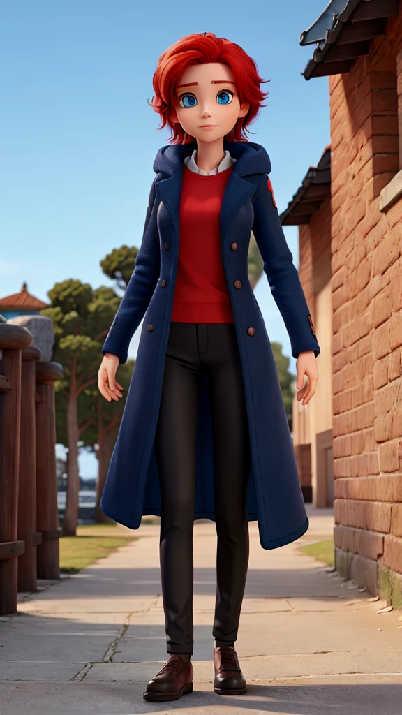 One with red hair and blue eyes, Roza coat and black pants 