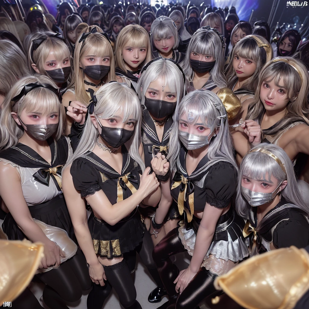 8K resolution, surreal, Super detailed, high quality, perfect anatomy, perfect proportion,
((((((A group photo of home party at midnight, women only, most crowded indoor festival at night club, 7 girls, group photo)))))),
(((((jirai fashion, sailor collar, sailor uniform with many frills, Lace, black micro skirt, bow ribbon))))),
(((black clothes))),
((grin, smile, happy)), ((((wearing black face mask)))),
((((bright bleached hair, silver hair, gold hair))))+, (((medium breasts))), posing,
(((shiny detailed oiled porcelain skin))),
(((black see-through tights))), looking at viewer, full body
