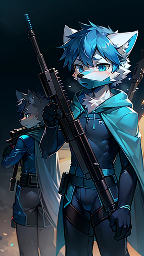 One Chico, Wolf, White and blue fur, young people, blue eyes,Blue combat suit,Blue cape,Blue mask,Holding a sniper rifle,There is a blue mark on the sniper rifle,In battle