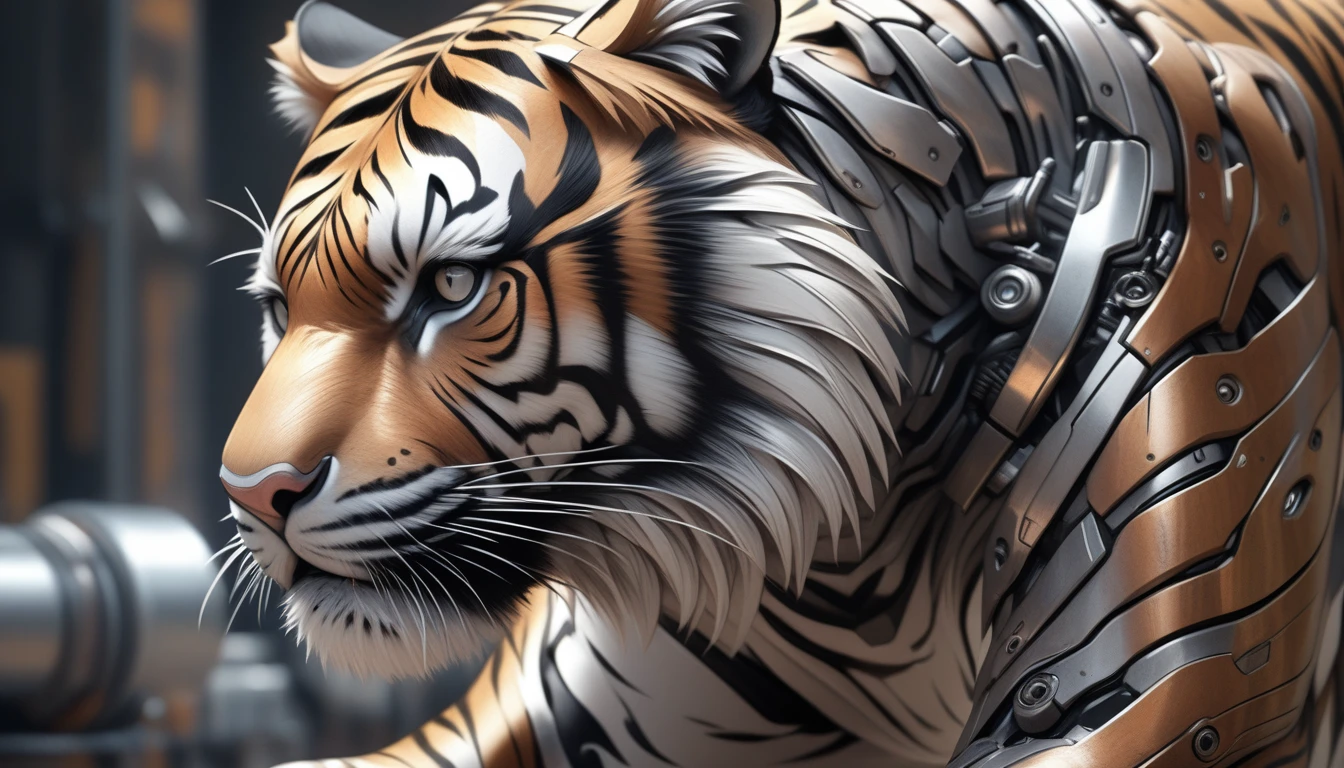 Ultra-realism, ((Masterpiece)), ((Best Quality)), (Very Detailed), ((Very Detailed)), 4K, (8K), very aesthetic, absurdres highres, Create highly textured mechanical tiger artwork. This tiger has a metallic sheen and realistic texture and is constructed with detailed mechanical elements. The colors are metallic gray and silver, with hints of rust, giving it an aged but advanced technological look. The background is simple and focuses on the intricacy and craftsmanship of the tiger design.