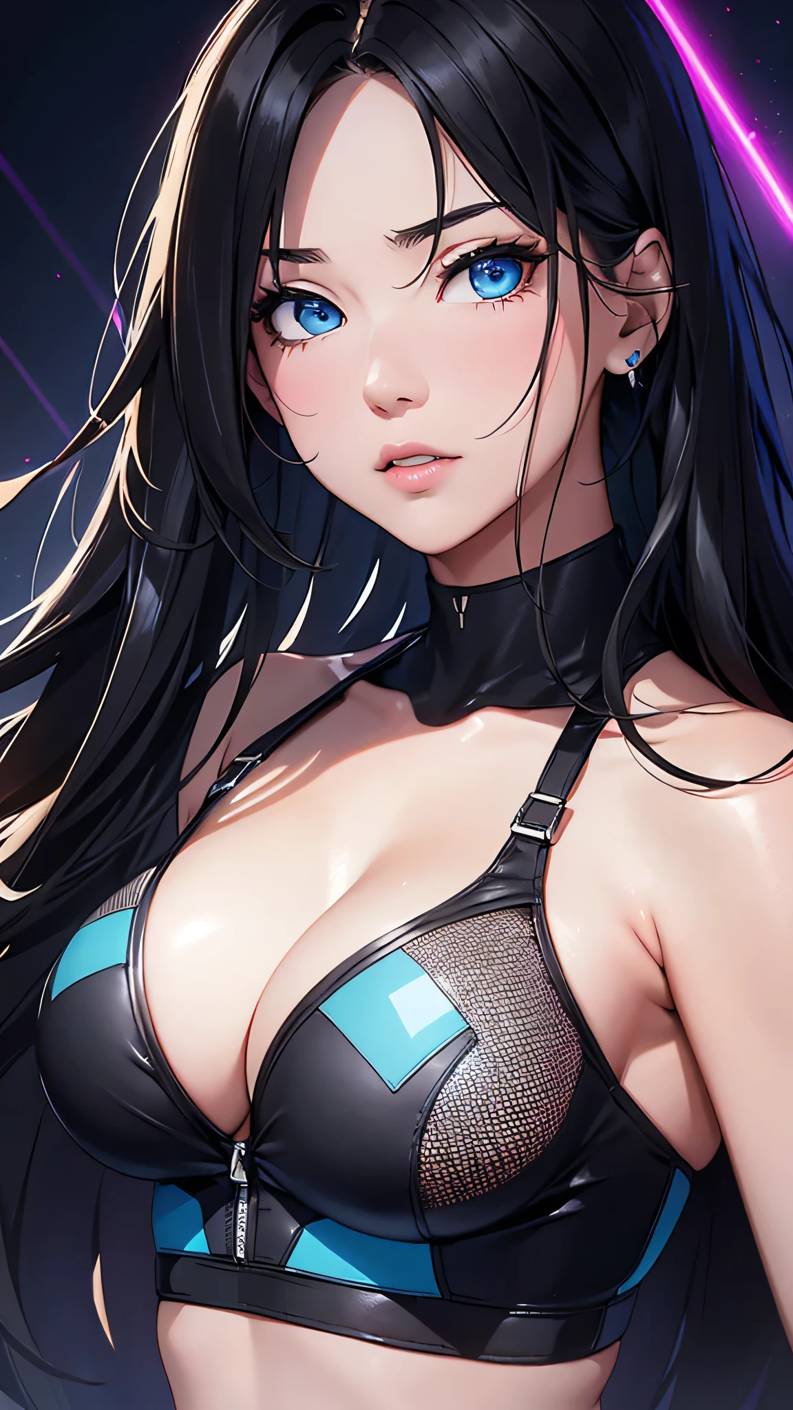 最high quality、Best image quality、masterpiece、With a girl((cute、20-year-old、Best Bust、Medium Bust、Bust 85,Beautiful Blue Eyes、Spread your chest wide,Long black hair、Slender、Black sports bra、White short skirt,Show the whole body、Black perforated gloves、dance)）high quality、Beautiful art、background((club house、Cyan lighting、Multiple purple laser points、Fitness Club、night、virtual)),Tabletop、Exquisite design、Visual Arts、Depth of written boundary、Best lighting、Highest detail、8ｋ