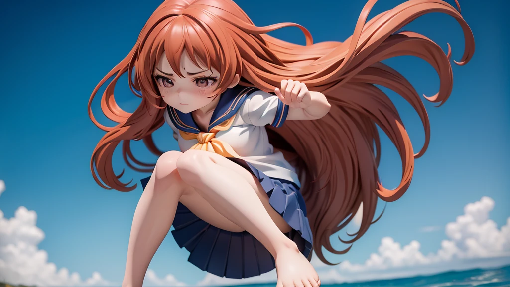 One girl, Long Hair, barefoot, (Small chest: 0) Looking down, Dynamic pose,   Sailor suit、Long skirt, Anxious face (Highly refined skin),  Detailed face, 8K Ultra HD, Soft Light, high quality, Full body portrait.Strong winds