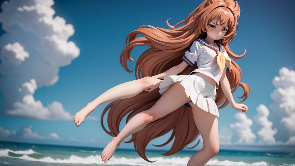 One girl, Long Hair, barefoot, (Small chest: 0) Looking down, Dynamic pose, Sailor suit、Long skirt, Anxious face (Highly refined skin), Detailed face, 8K Ultra HD, Soft Light, high quality, Full body portrait.Strong winds