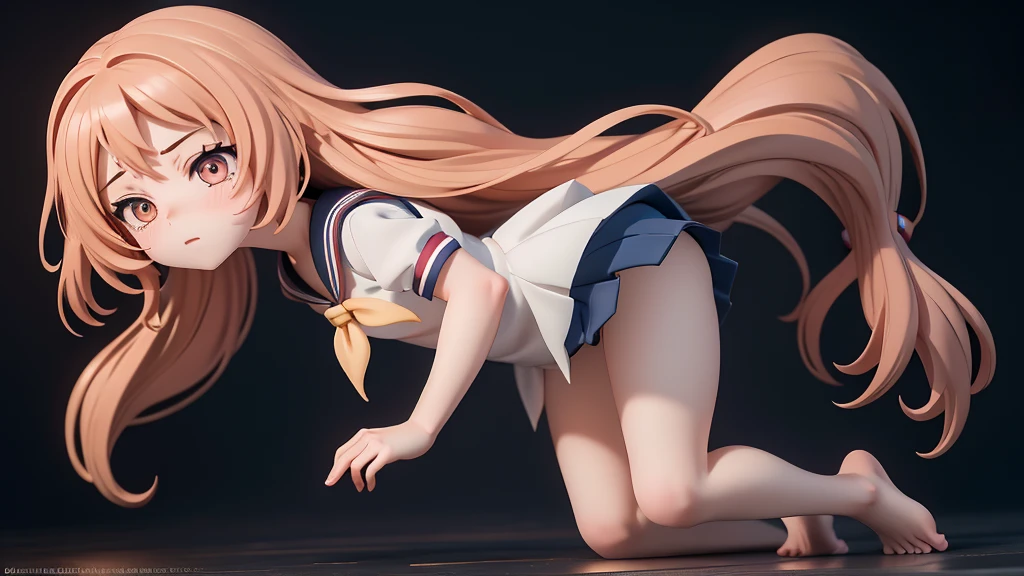 One girl, Long Hair, barefoot, (Small chest: 0) Looking down, Dynamic pose,   Sailor suit、Long skirt, Anxious face (Highly refined skin),  Detailed face, 8K Ultra HD, Soft Light, high quality, Full body portrait.Strong winds