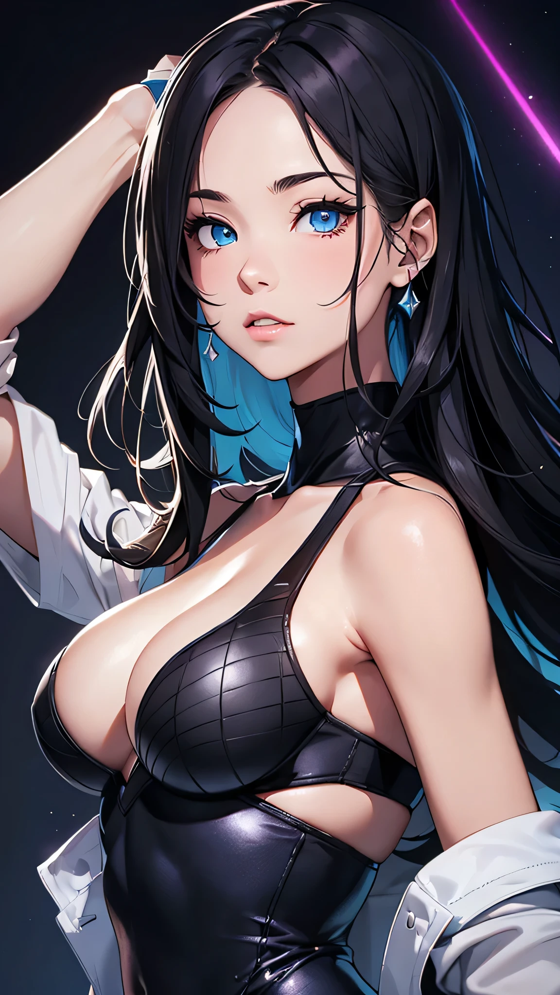 最high quality、Best image quality、masterpiece、With a girl((cute、20-year-old、Best Bust、Medium Bust、Bust 85,Beautiful Blue Eyes、Spread your chest wide,Long black hair、Slender、Black sports bra、White short skirt,Show the whole body、Black perforated gloves、dance))high quality、Beautiful art、background((club house、Cyan lighting、Multiple purple laser points、Fitness Club、night、virtual)),Tabletop、Exquisite design、Visual Arts、Depth of written boundary、Best lighting、Highest detail、8k
