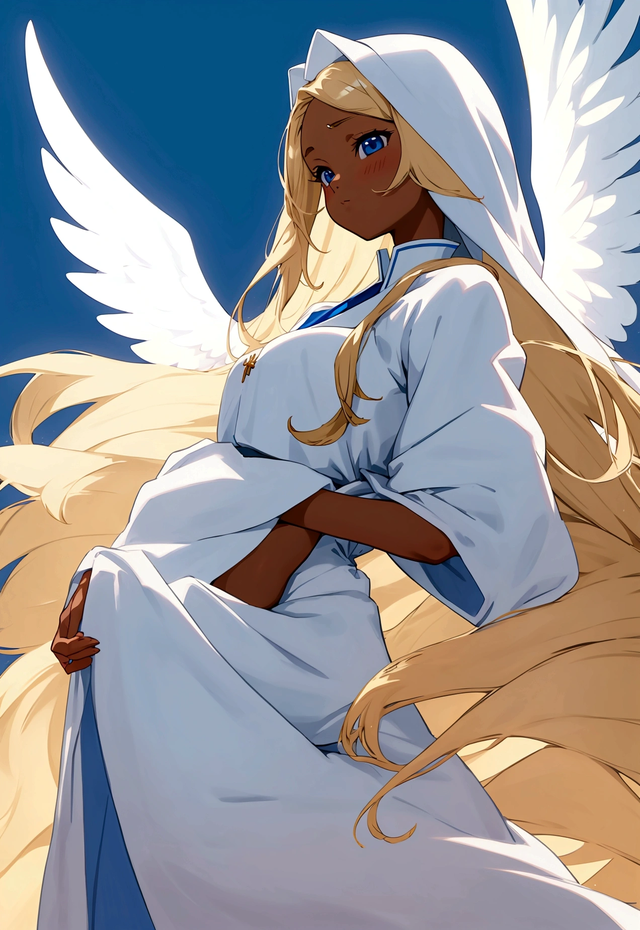 Conservative, modest, white dressed, anime, girl, non-realistic, religious, anime, beautiful, angelic, strictly anime, tan-skinned, Spanish