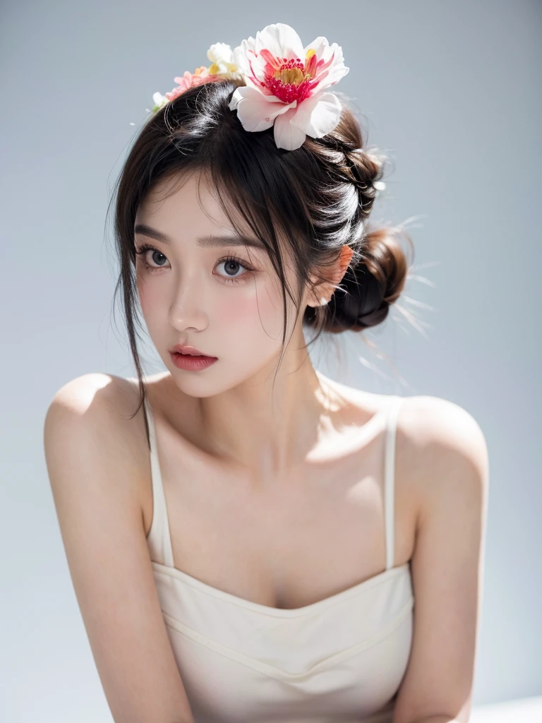 masterpiece,Best picture quality,Extreme details,Ultra-high resolution,Ultra-high definition,Beautiful young people,Glowing skin,thin,Black Hair,Half bun,1,big eyes,beautiful eyes,Lipstick,Exquisite facial features,Medium shot,Looking at the viewer, Tube Top Suspenders,Single tone background,White background,Soft light,Wear flowers on your head
