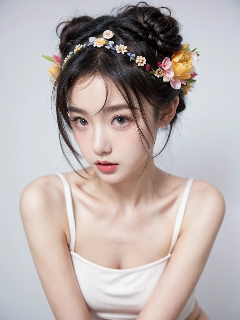 masterpiece,Best picture quality,Extreme details,Ultra-high resolution,Ultra-high definition,Beautiful young people,Glowing skin,thin,Black Hair,Half bun,1,big eyes,beautiful eyes,Lipstick,Exquisite facial features,Medium shot,Looking at the viewer, Tube Top Suspenders,Single tone background,White background,Soft light,Wear flowers on your head