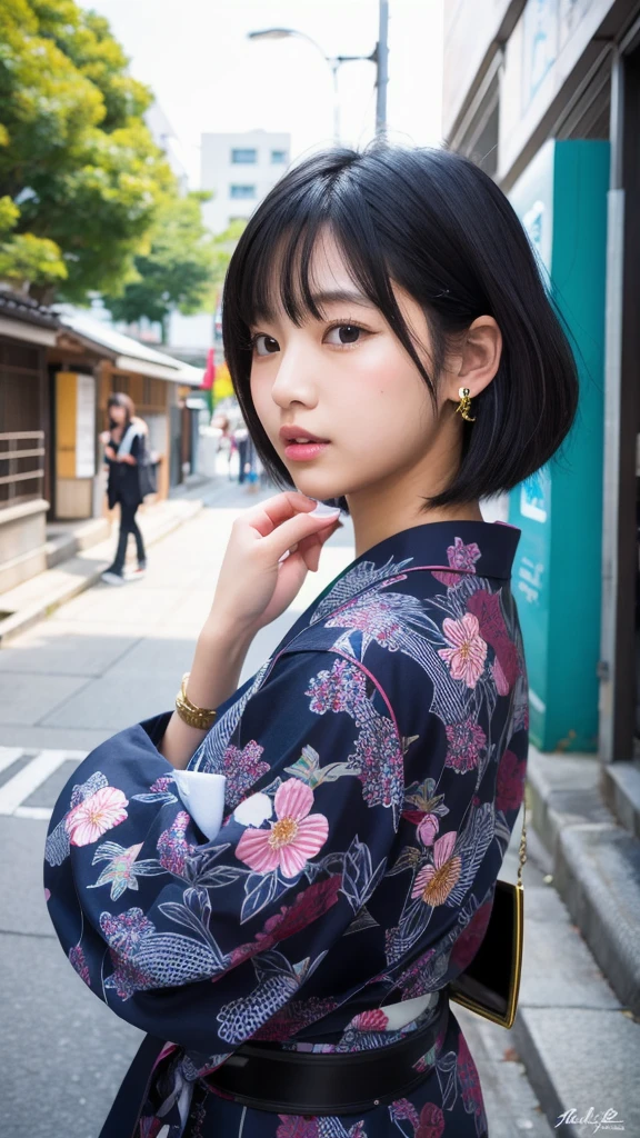 (8K, Realistic, RAW Photos, Highest quality: 1.4, detailed),Japanese idol-style beautiful girl,1 person,18-year-old,(Short Bob),(Black Hair),(Hair fluttering in the strong wind),She has her hair tucked behind her ears,Large, clear grey eyes,Long eyelashes,(piercings(small)),(Lip gloss),lips(Plump,glossy),yukata,band,Women's wooden clogs on bare feet,Night Festival,Full body portrait