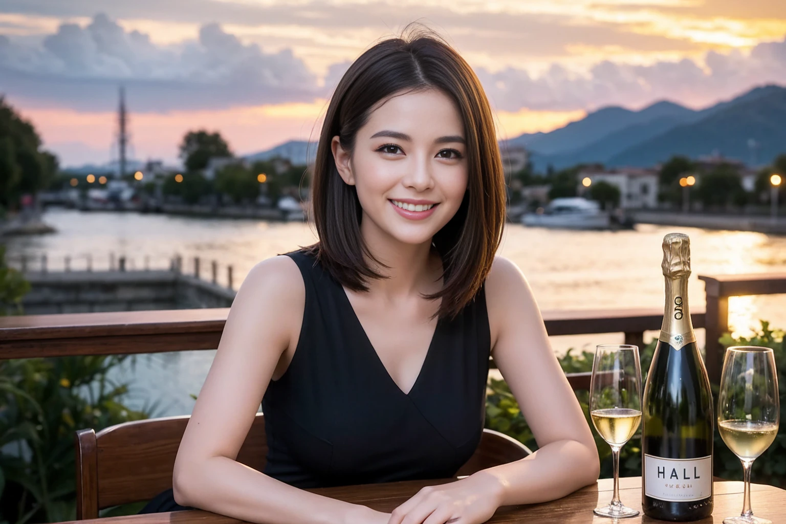 ((Highest quality、8K、masterpiece:1.3))、1 male 1 female、Slim lover、Beautiful couple、Smile、full-course dinner、 (Slim face), (the body is スリム), (Brown Hair), (Shortcuts), ((Bob Hale、Straight hair:1.2)), テーブルの上のwine glass、Shine light on your face、 Amazing view of the sunset sky and clouds、The beauty of a smile、Bright image、Blushing, Shortcuts, (43 years old), 39 years old, Appetizers、Italian food、Wine bottle、Champagne、sparkling wine、Attractive beauty、restaurant, Nova Frog Style, actress, model, Upper Body, White wine, red wine, wine glass,