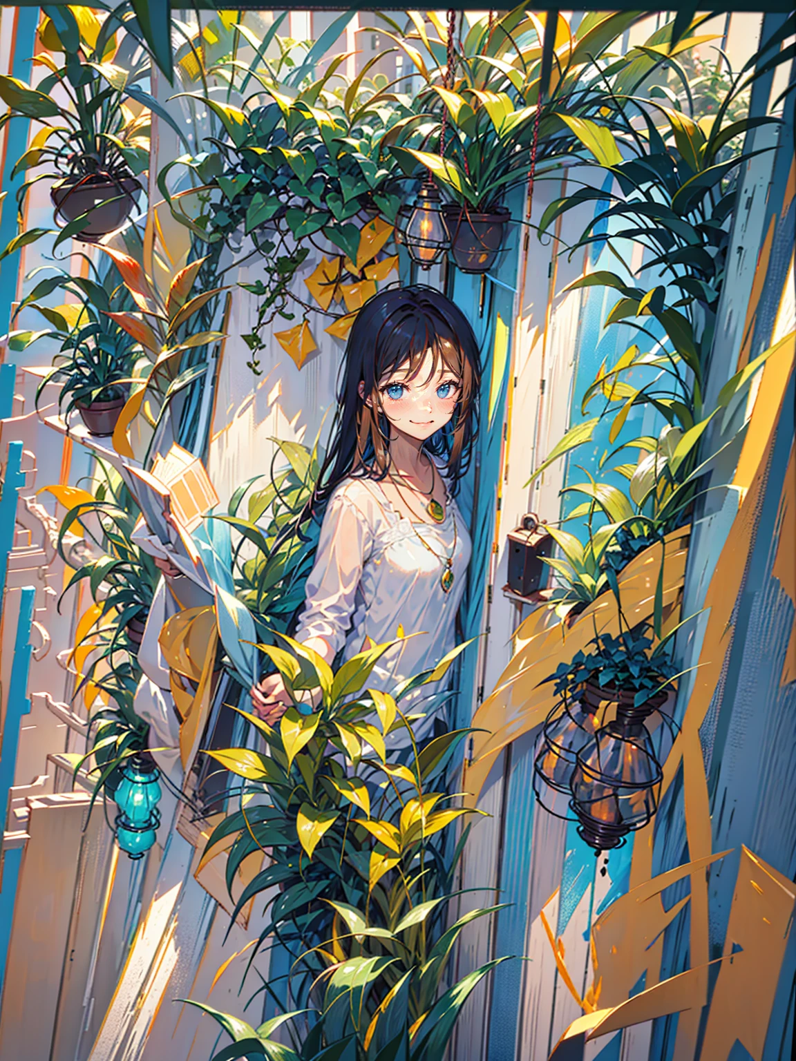 Greeting with a friendly smile, Many pendant lights, Foliage plant, Lots of windows