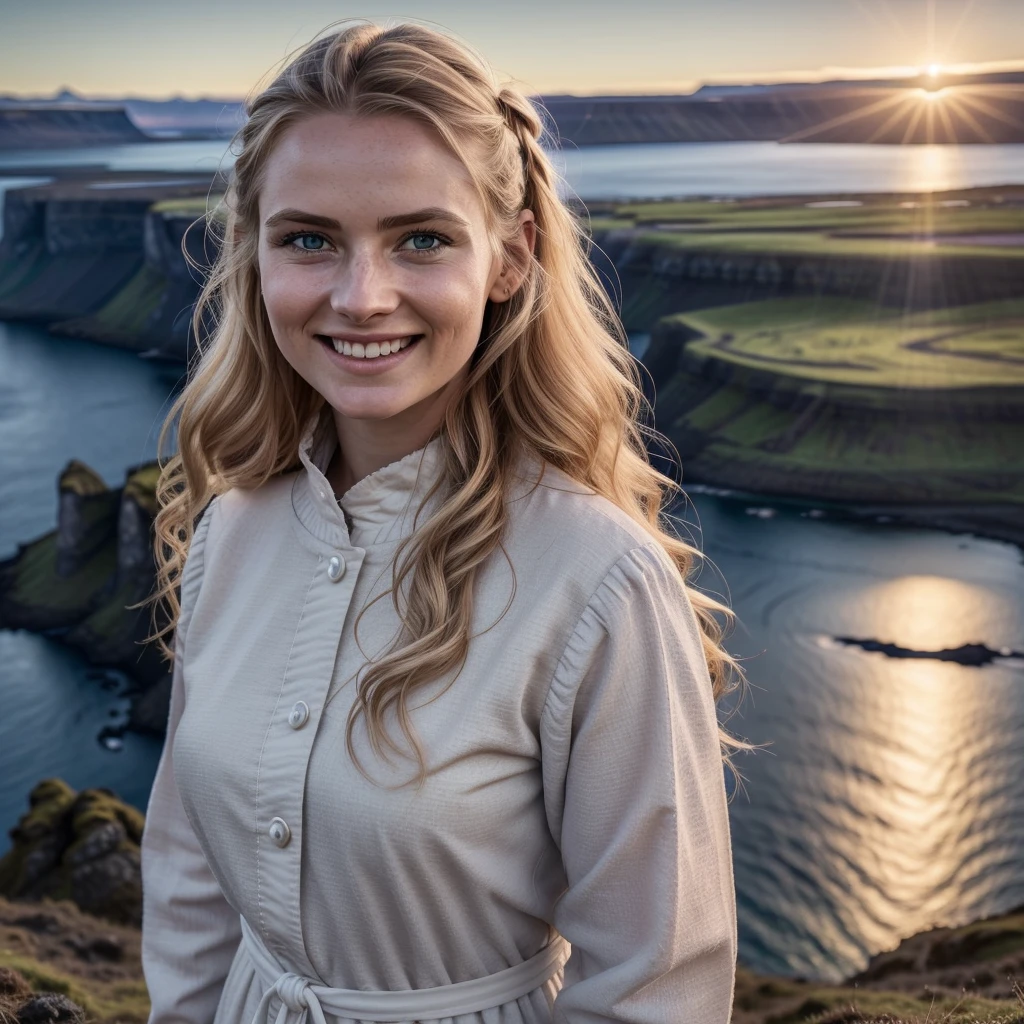 best quality, masterpiece, realistic, gorgeous icelandic woman that wears a typical icelandic clothing and hairstyle, icelandic woman with all her features and characteristics, standing upright on the edge of a cliff, with a stunning view of a icelandic fjord below, she’s wearing typical icelandic clothing, in the sunset light, smiling, innocent, intricate details, highly detailed, sharp focus, professional, 4k, god rays, delicate, innocent, highres, detailed facial features, high detail, sharp focus, smooth, aesthetic, extremely detailed, photorealistic, realistic, post-processing, max detail, roughness, real life, ultra realistic, photorealism, photography, 8k uhd, photography, instagram, viral instragram photo, solo, 1 woman