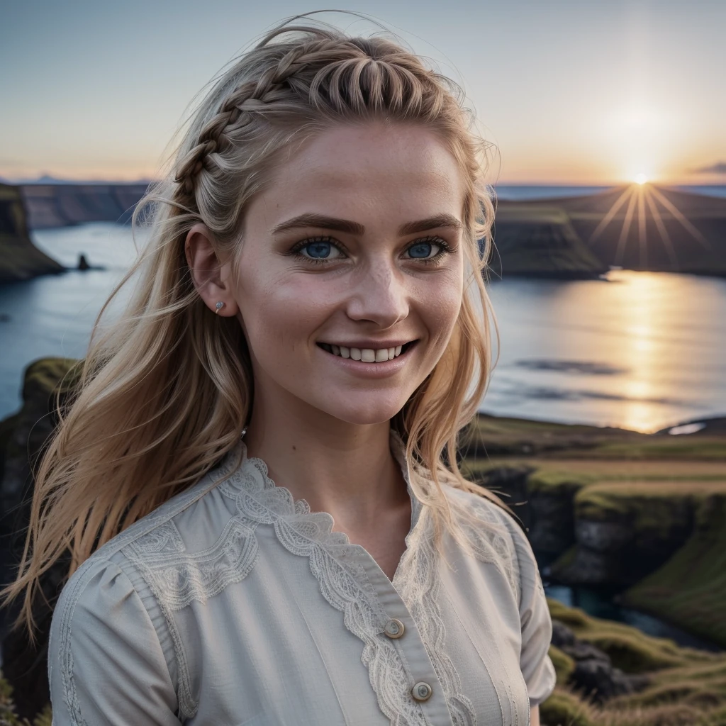 best quality, masterpiece, realistic, gorgeous icelandic woman that wears a typical icelandic clothing and hairstyle, icelandic woman with all her features and characteristics, standing upright on the edge of a cliff, with a stunning view of a icelandic fjord below, she’s wearing typical icelandic clothing, in the sunset light, smiling, innocent, intricate details, highly detailed, sharp focus, professional, 4k, god rays, delicate, innocent, highres, detailed facial features, high detail, sharp focus, smooth, aesthetic, extremely detailed, photorealistic, realistic, post-processing, max detail, roughness, real life, ultra realistic, photorealism, photography, 8k uhd, photography, instagram, viral instragram photo, solo, 1 woman