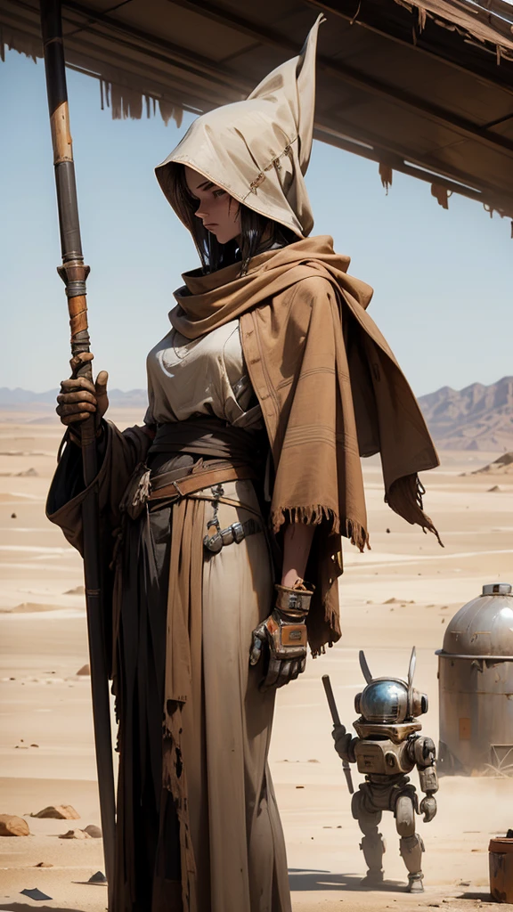 A nomadic robot, in the desert, wearing a scrappy shawl, holding a staff, wearing a large metal hat, scrappy body, rusted, dusty, thin frame, tall