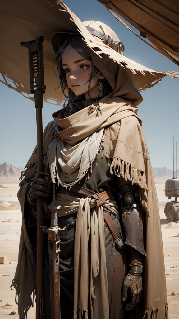 A nomadic robot, in the desert, wearing a scrappy shawl, holding a staff, wearing a large metal hat, scrappy body, rusted, dusty, thin frame, tall