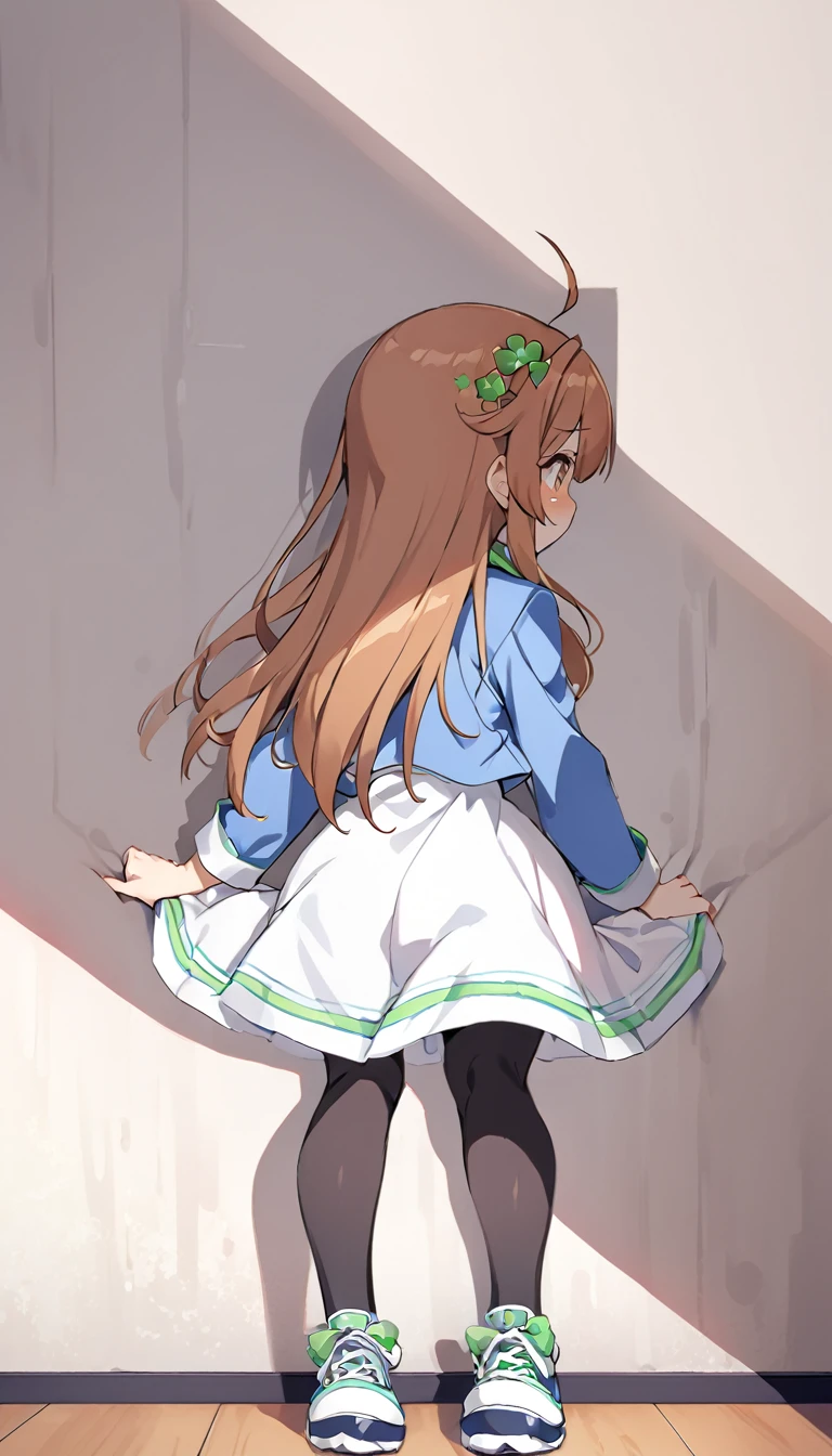 brown eyes,long hair,clover hair ornament,ahoge,blue jacket,white dress, long sleeves,green bow, black thighhighs,sneakers,amamiya mimori,dress lift, panties,indoor,slender legs,flustration,shadow, befind wall,doggystyle sex,unde boy grabbing hip, penis,hand on wall,