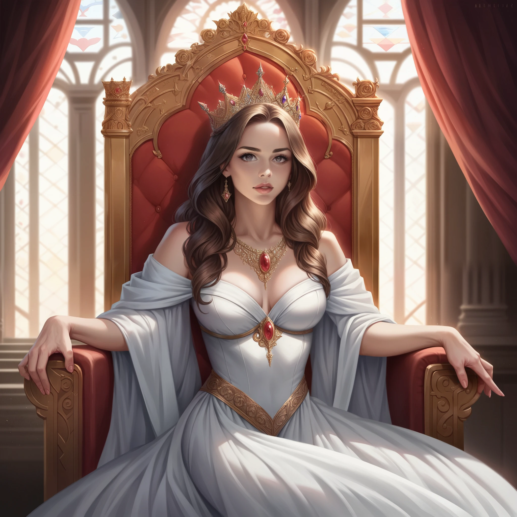 beautiful detailed eyes, beautiful detailed lips, extremely detailed face, intricate crown, exquisite jewelry, queenly gown, elegant pose, regal bearing, ornate throne, luxurious palace interior, dramatic lighting, cinematic composition, realistic rendering, photorealistic, ultra-detailed, 8k, highres, masterpiece, cinematic, dramatic, fantasy, digital art