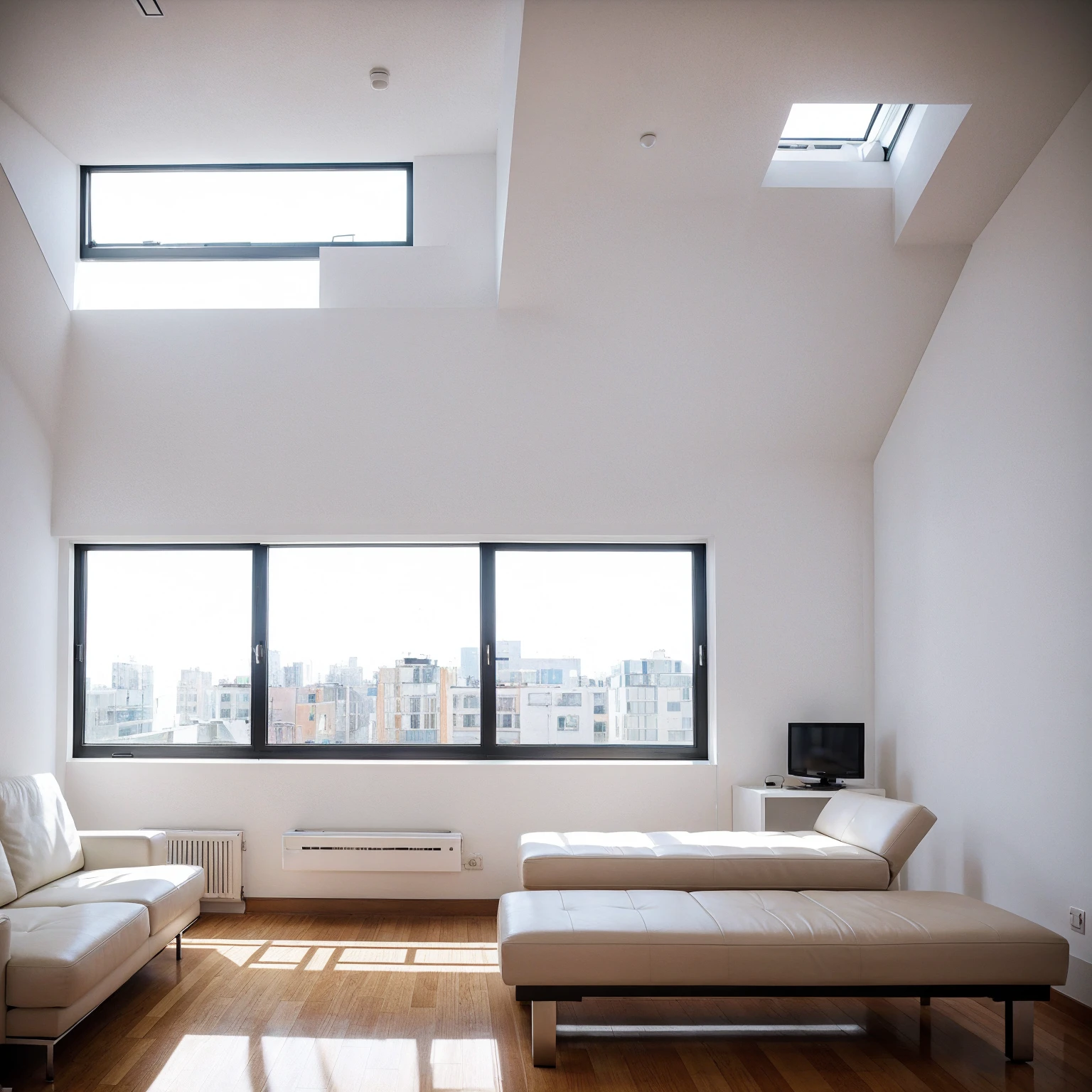 Highest quality，masterpiece，interior design，unmanned，Modern Style，living room，window，Daytime，sunlight、studio、Apartment、The walls are white、There is nothing in the room
