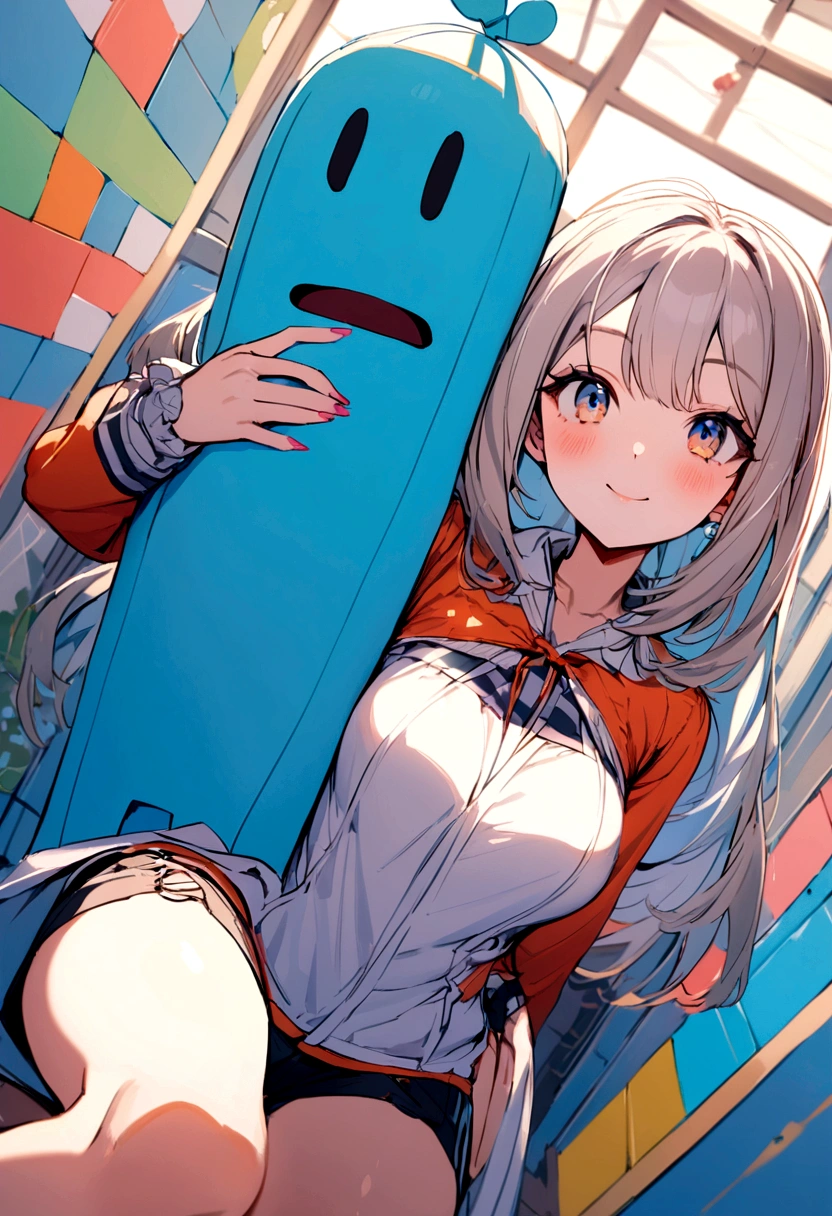 A woman taking a selfie with her tall friend in short clothes