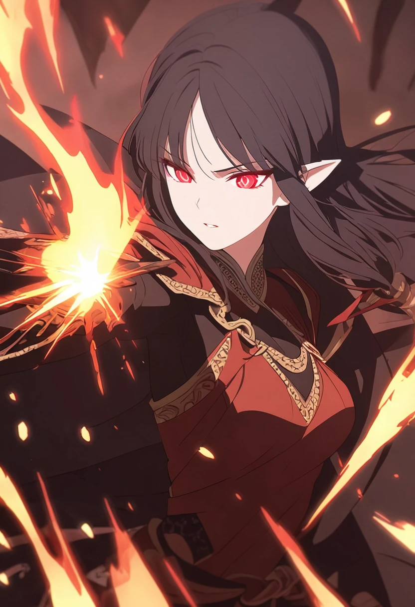 1woman, seriously, elven, black hair, bang, straight hairstyle, glowing red eyes, fire, black Knight, elegant, traditional thai costume,