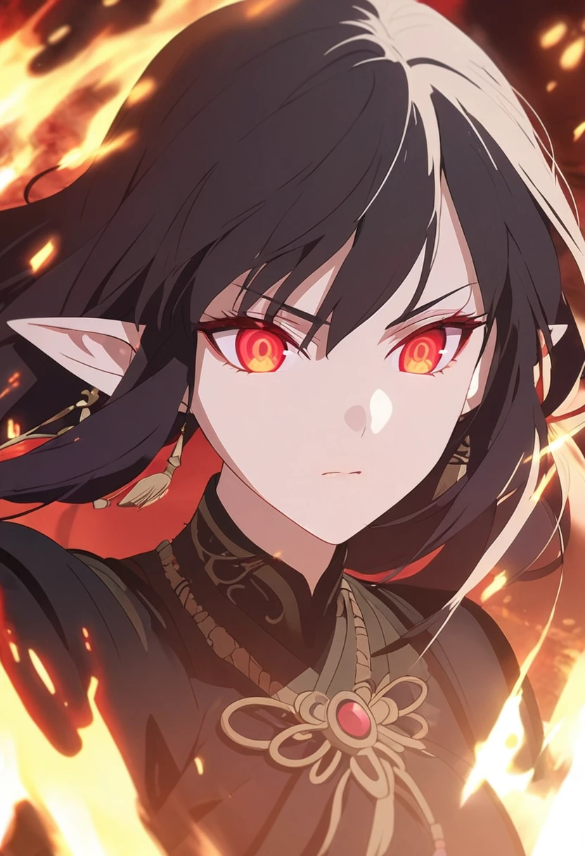 1woman, seriously, elven, black hair, bang, straight hairstyle, glowing red eyes, fire, black Knight, elegant, traditional thai costume,