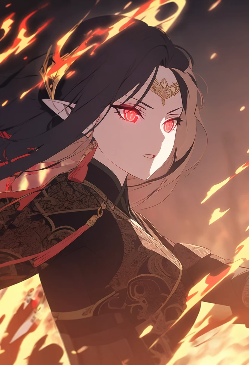 1woman, seriously, elven, black hair, bang, straight hairstyle, glowing red eyes, fire, black Knight, elegant, traditional thai costume,