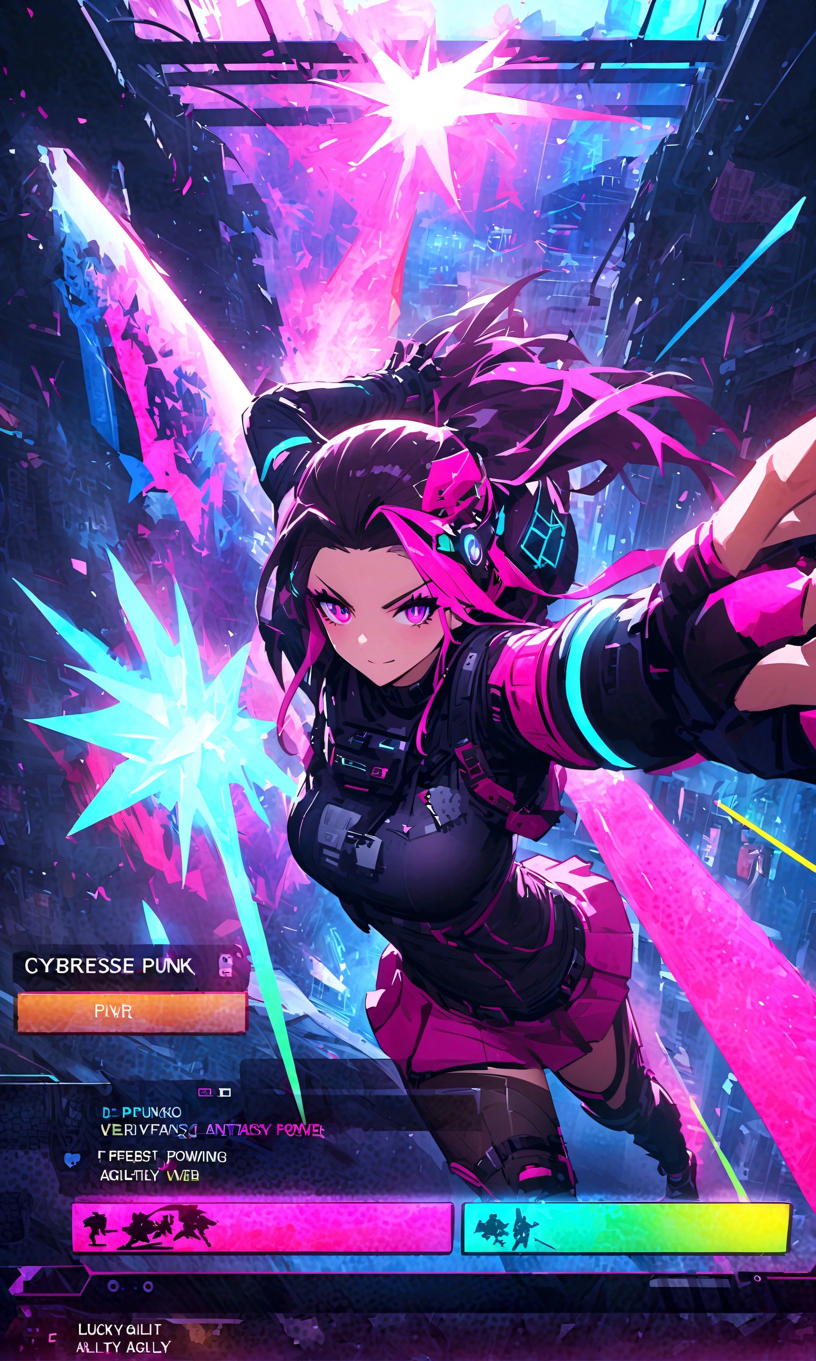 Highest quality、Detailed Images、Virtual world、cyber punk、VRMMO、RPG、Fantasy World、「Status bar、Physical Strength、magic、Offensive power、Defense、魔法Offensive power、魔法Defense、Agility、Intelligence、Lucky」Colorful parameters are displayed、Mr.々Profession、