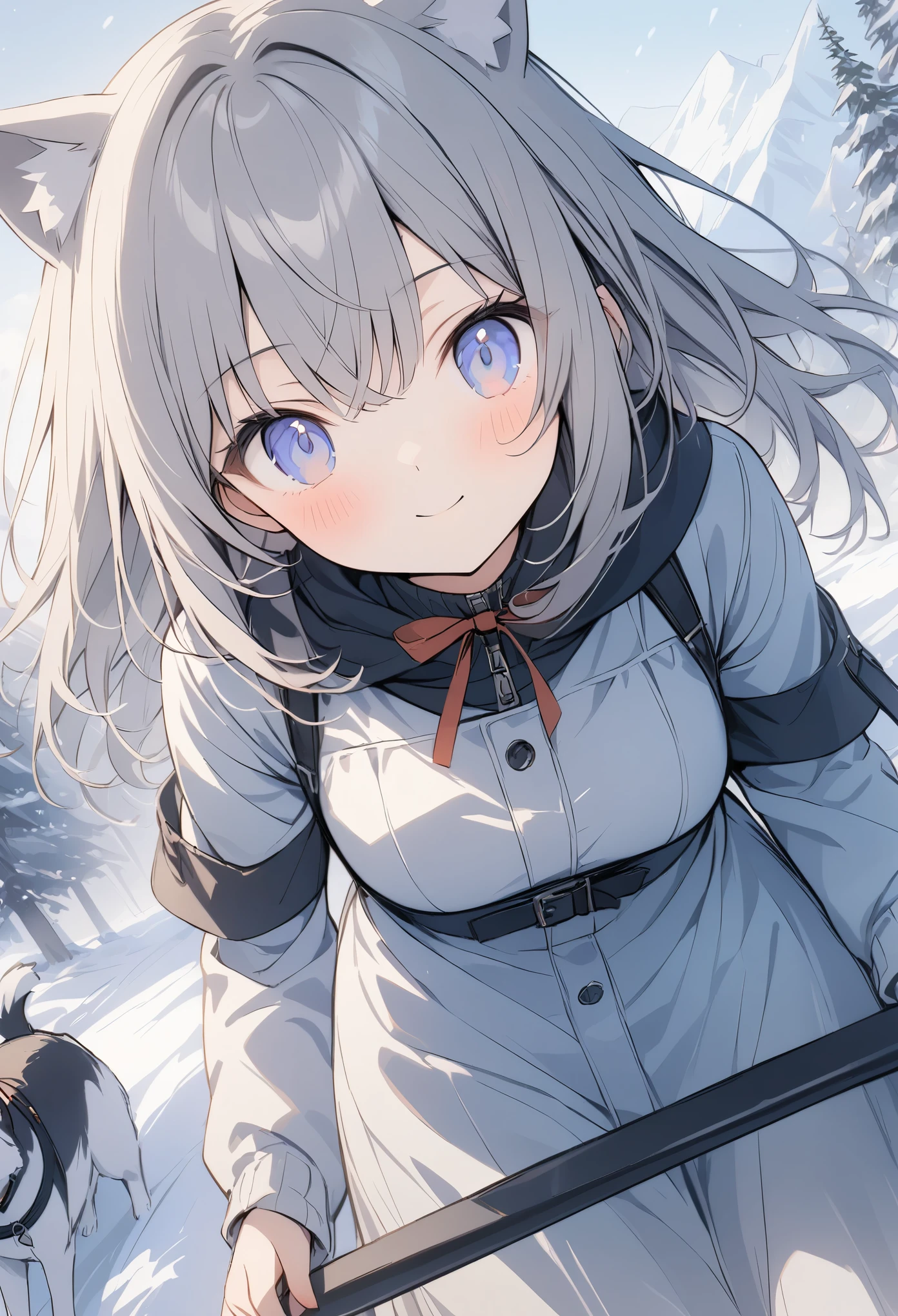 超High resolution, Attention to detail, high quality, High resolution, 最high quality, 4K, 8K, Awards、Absurd、Snow Mountain、Husky dog、Girl Dog Sledding、There is a snowstorm and visibility is poor.、Girl pulling a sled hard、Front view angle、A work with a positive vibe