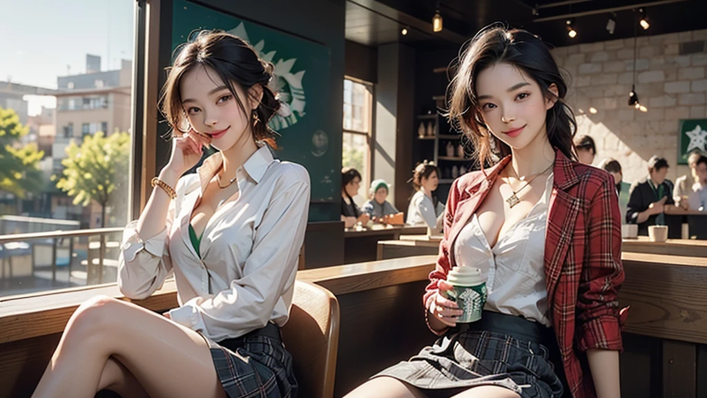 8K、RAW Photos、Highest quality、Super detailed、Super Resolution、Ultra HD、8K壁紙、Amazing details blazer uniform girl ((White blouse with formal collar, A nice red blazer, Black plaid skirt, Red checkered ribbon on blouse)), Complete limbs, Full Finger,
((((Inside the Starbucks store))))、16 year old female student、(((Eat cake、Drink coffee、smile)))、Heart Necklace、Gold bracelet
((Emphasize cleavage))
((((Woman sitting at the window seat))))