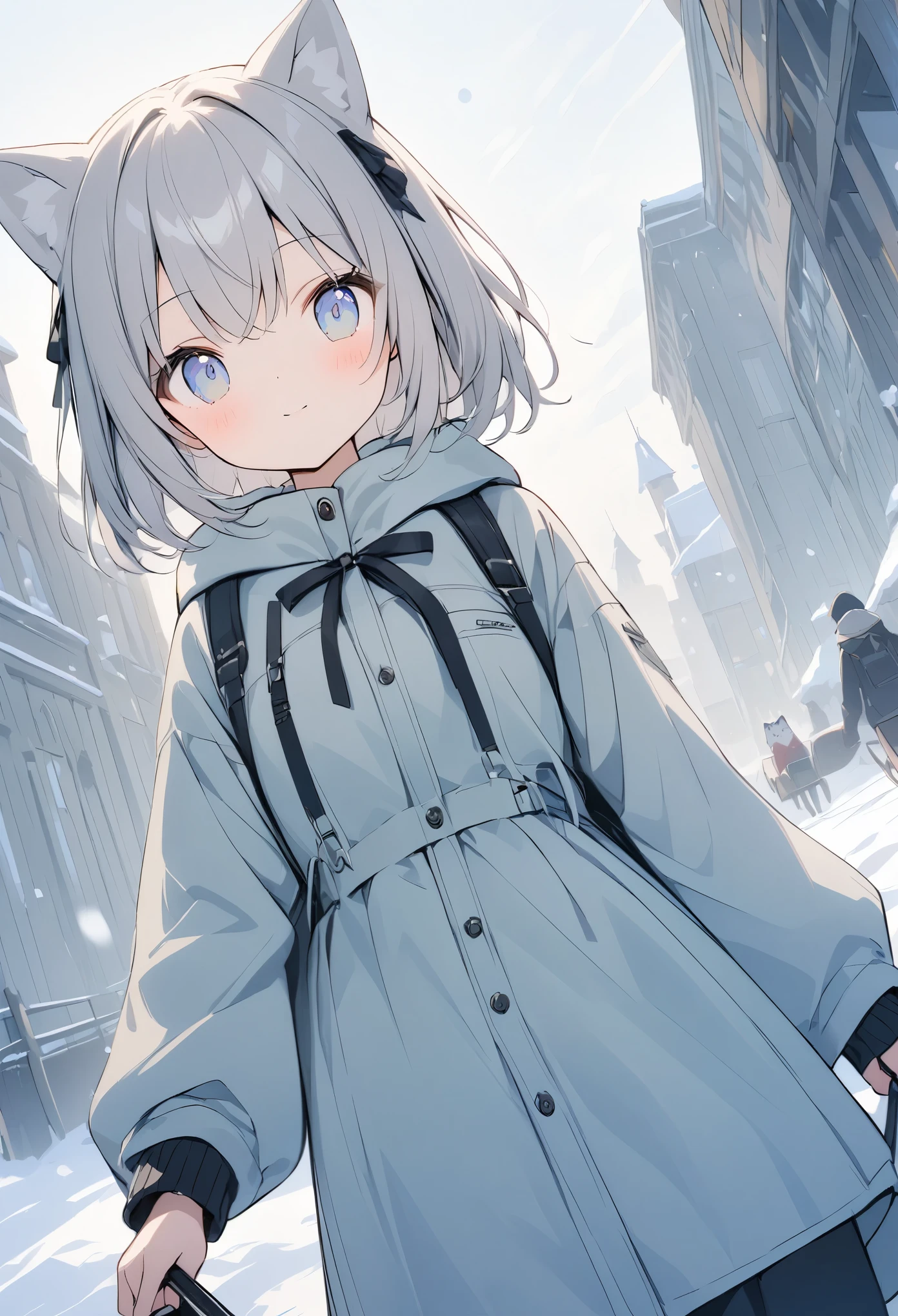 超High resolution, Attention to detail, high quality, High resolution, 最high quality, 4K, 8K, Awards、absurdes、Snow Mountain、Husky dog、Girl Dog Sledding、There is a snowstorm and visibility is poor.、Girl pulling a sled hard、Front view angle、A work with a positive vibe,(Snowwear),Pale colors