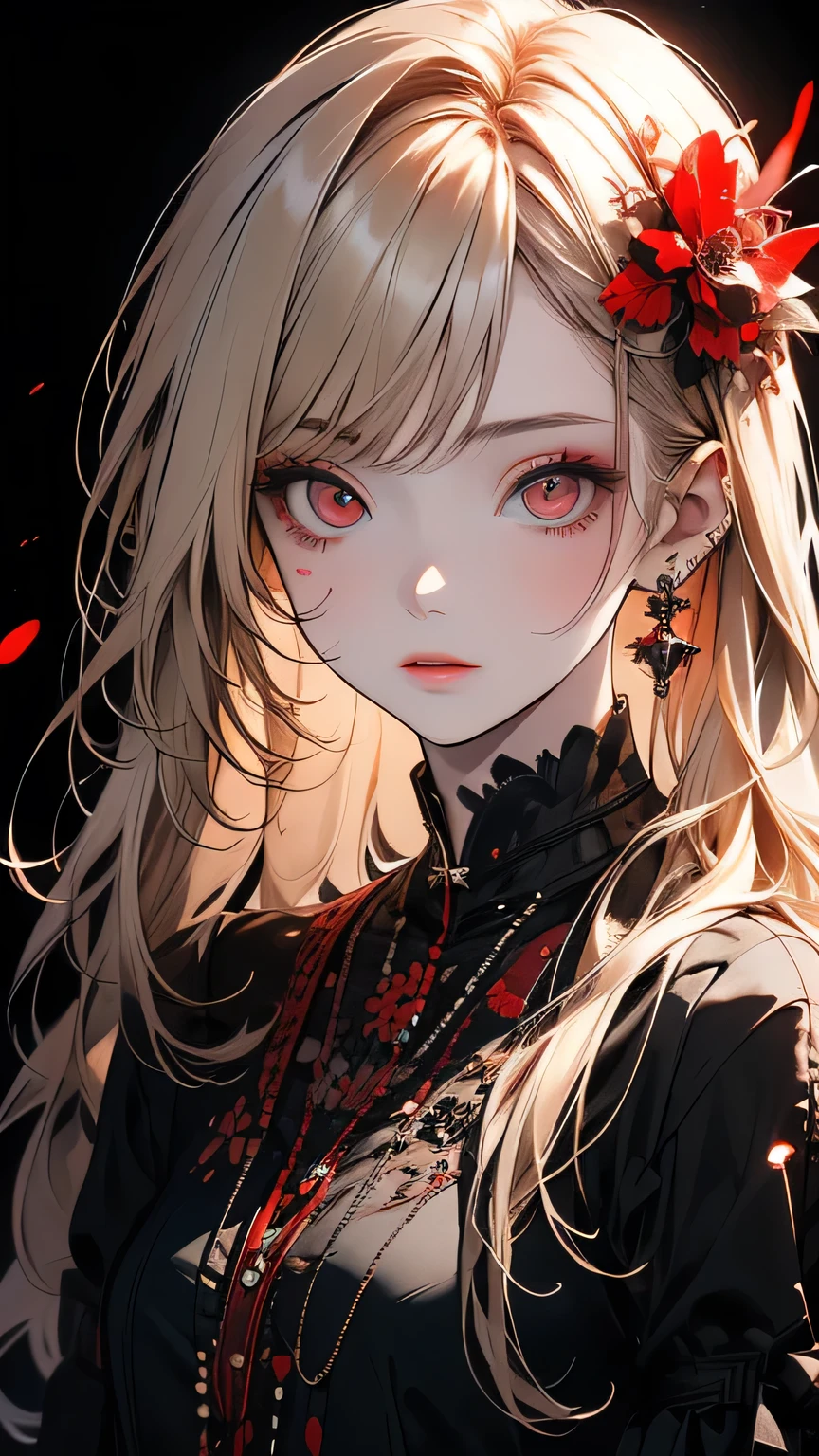 ((masterpiece,Highest quality)),One girl,Beautiful attention to detail, Detailed face, (whole body:1.2), Long white hair, Red eyes,Small breasts, (Black background:1.2), Blood particles, Shaded face