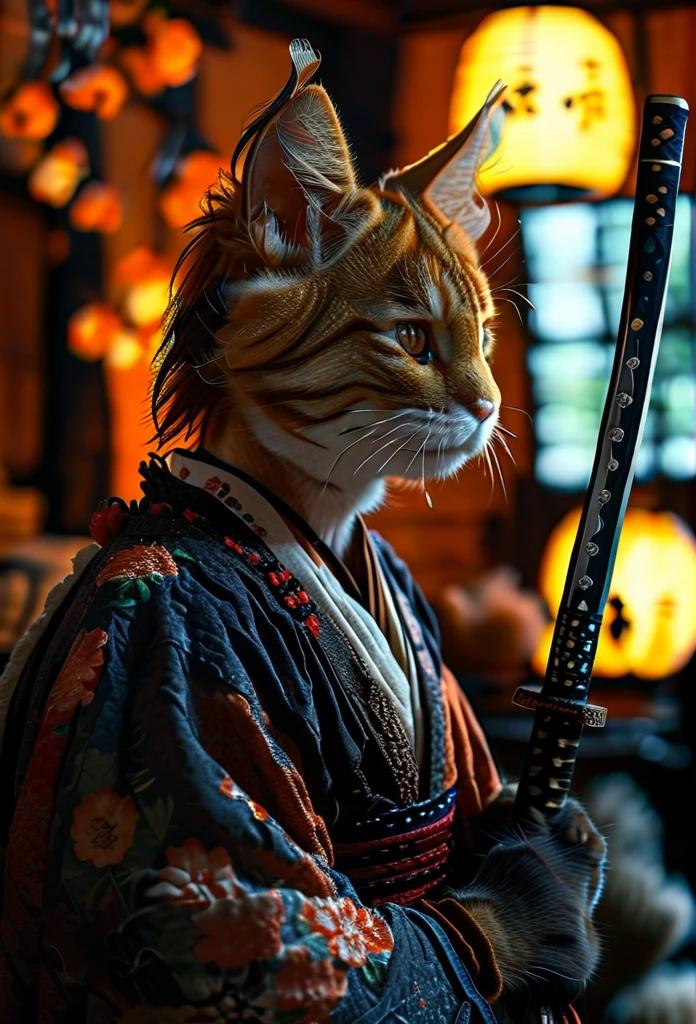 A Rogue samurai [Himura Kenshin:Takeru Satoh:0.1], detailed face, detailed hair, with a content face, sharpens his katana sword, beside him is big ginger mainecoon cat with beautiful fur, watch him with full caution, they both in a traditional Edo Era peasant house, insanely intricate detailed scene background, night lighting with lampions and torch, realistic style, best quality, masterpiece, ultrasharp focus, ultrahigh resolution, 8k, Midjourney 6 Aesthetic