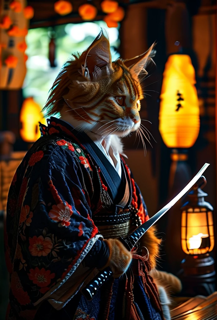 A Rogue samurai [Himura Kenshin:Takeru Satoh:0.1], detailed face, detailed hair, with a content face, sharpens his katana sword, beside him is big ginger mainecoon cat with beautiful fur, watch him with full caution, they both in a traditional Edo Era peasant house, insanely intricate detailed scene background, night lighting with lampions and torch, realistic style, best quality, masterpiece, ultrasharp focus, ultrahigh resolution, 8k, Midjourney 6 Aesthetic