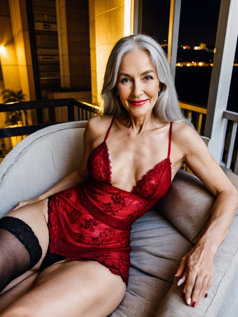 night, soft lights, old women Sixty years old, red lips, long-long white straight hair, hair on her eye, she smiling, posing on huge night balcony, sitiing on the chair, she weared red dress with black lace stockings, older beauty, jaw dropping mature older beauty, old face and body with wrinkles, old face, attractive grandma, a gorgeous old silver hair, beautiful old grandma, lovely older mature grandma, gorgeous beautiful grandma over 80 years old, beautiful silver hair grandma, beautiful detailed body and face, a beautiful old grany,